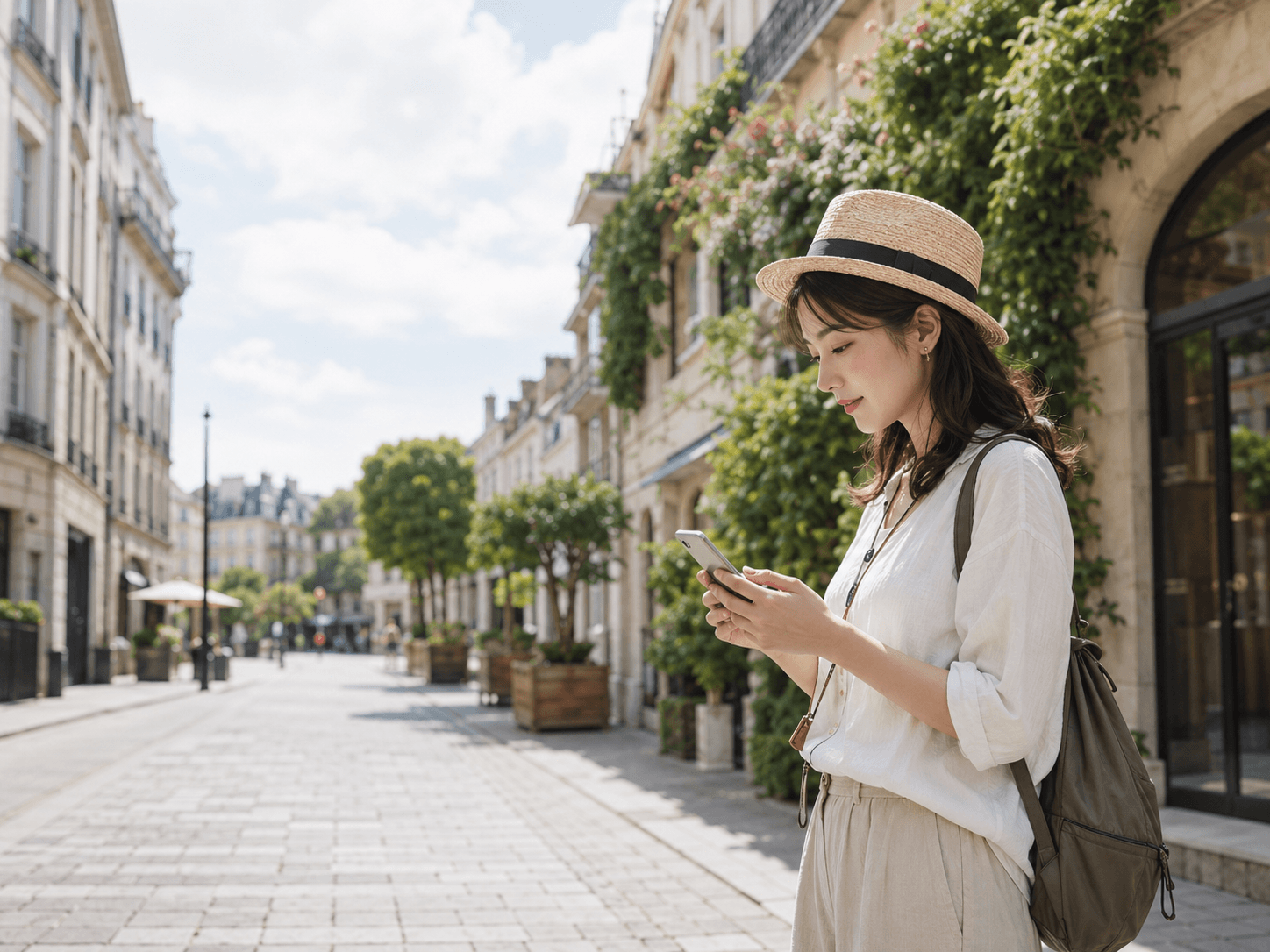 海外の街でスマートフォンを使って旅行情報を確認する旅行者