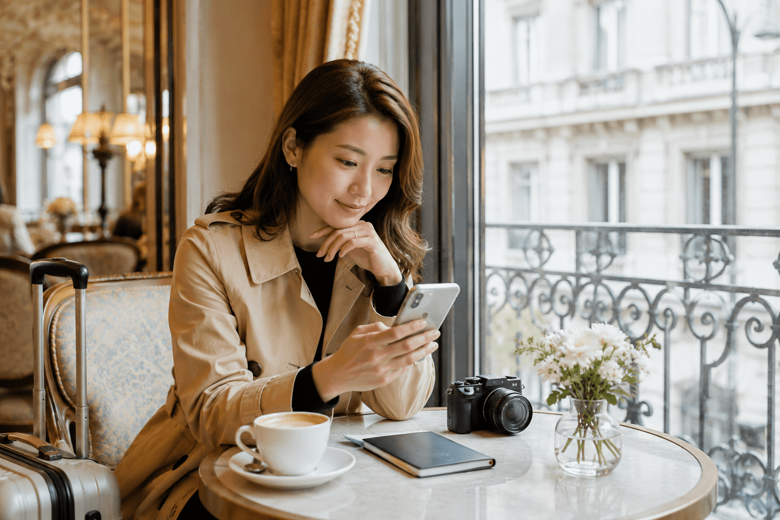 海外のカフェでスマートフォンを確認する旅行者