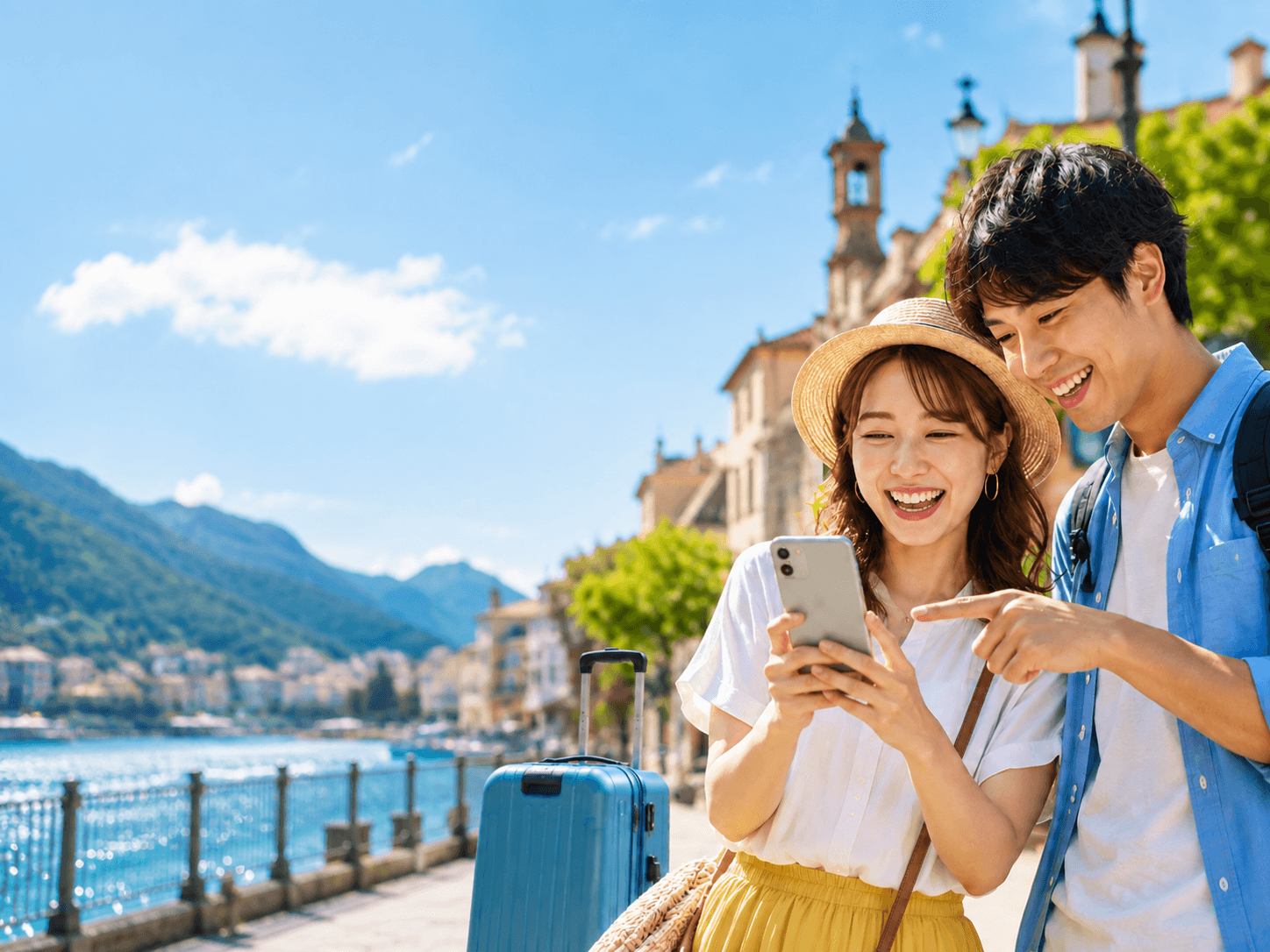 海外旅行先でスマートフォンを確認する旅行者