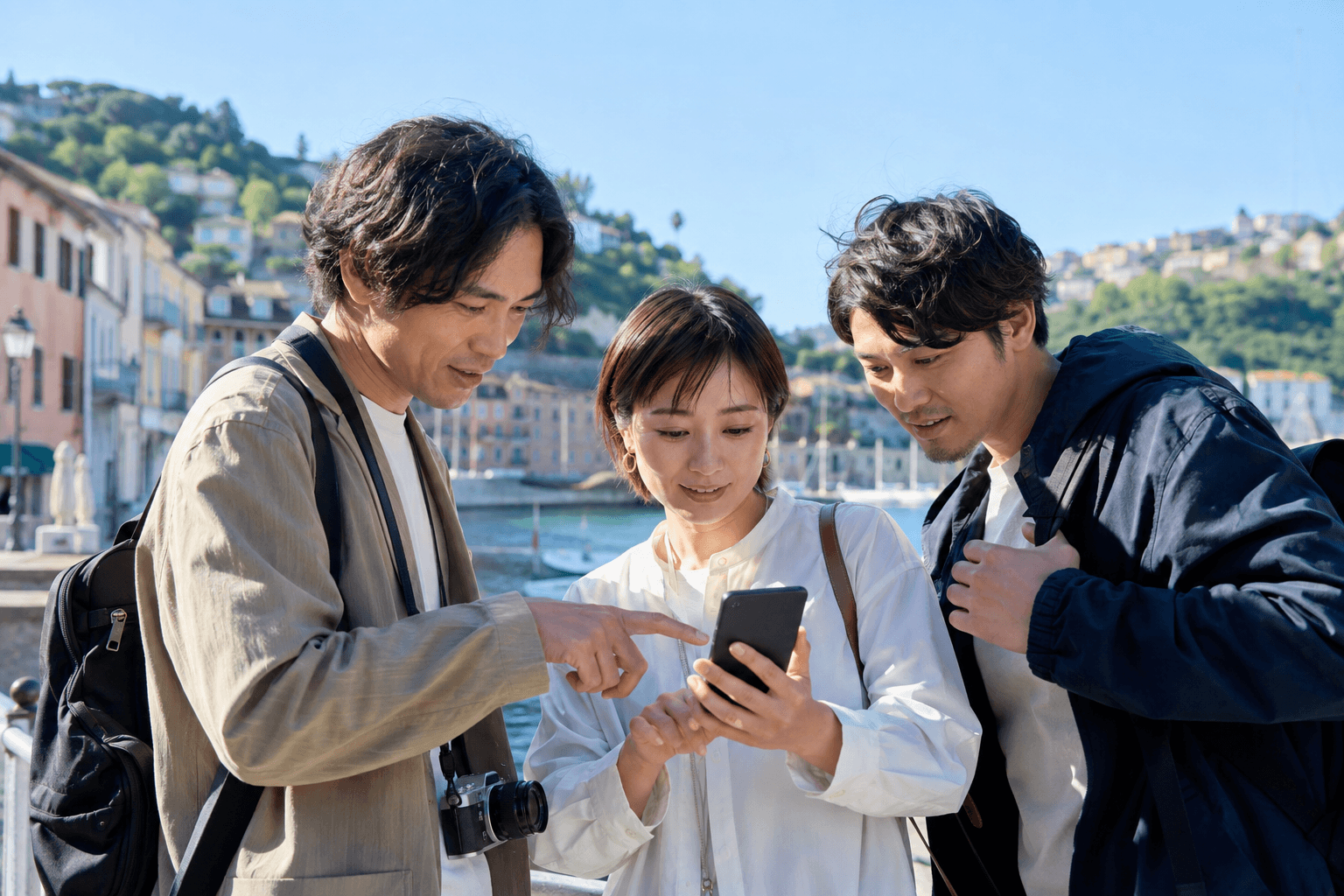 海外旅行中に3人でスマートフォンを確認する同行者